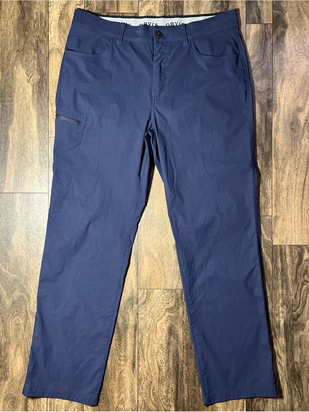 Orvis Mens Tech Pants 36x31.5 (Tag 36x32) Navy Blue Water Repellent Stretch EUC